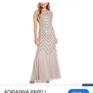 Adrianna Papell Blush Beaded Cap-Sleeve Tulle Evening Gown